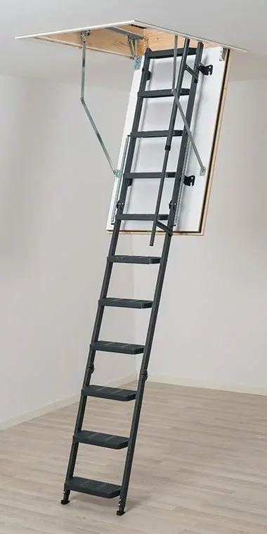 A luxury triple steel loft ladder, extended