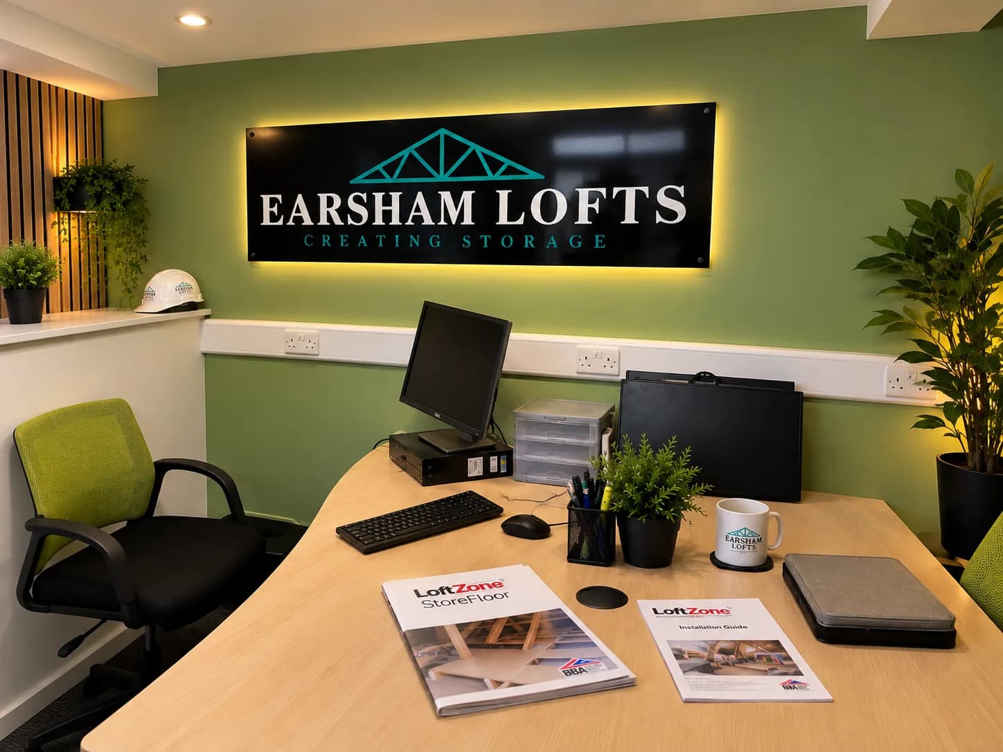 The Earsham Lofts office, with the company sign on the wall